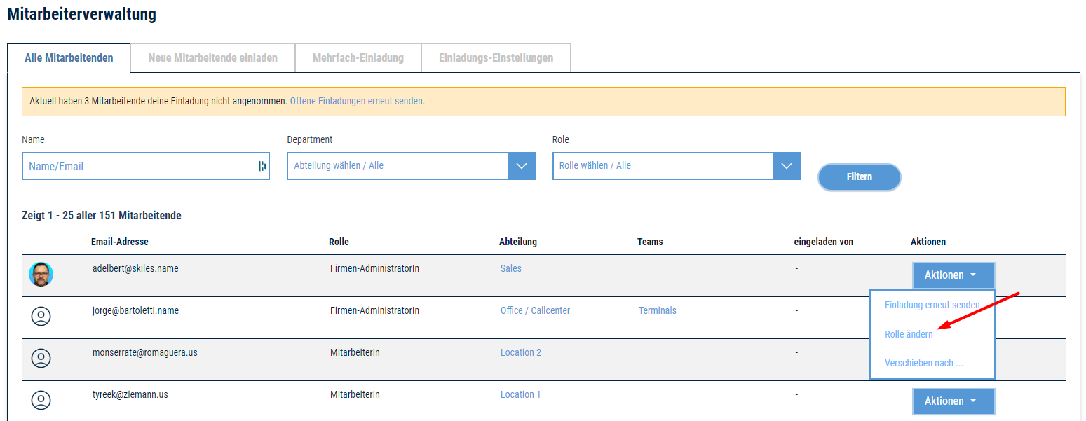 Screenshot Mitarbeiterverwaltung - Rolle ändern