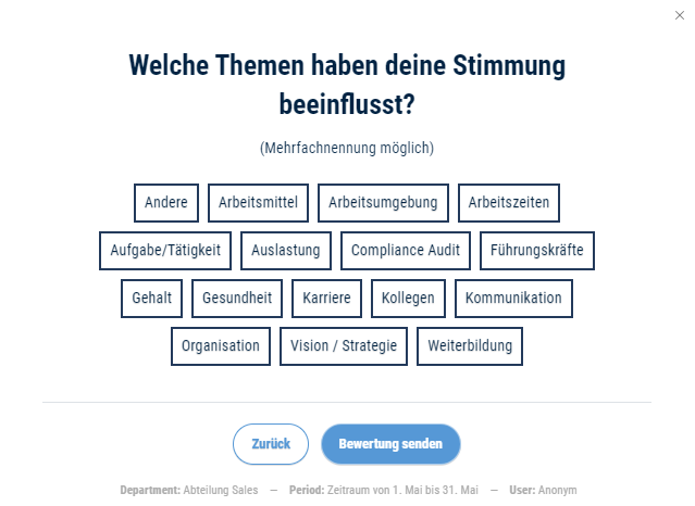 Das Bild zeigt Schritt 2 unserer Stimmungsbewertung mit den wählbaren Themen, welche die Stimmung beeinflusst haben.