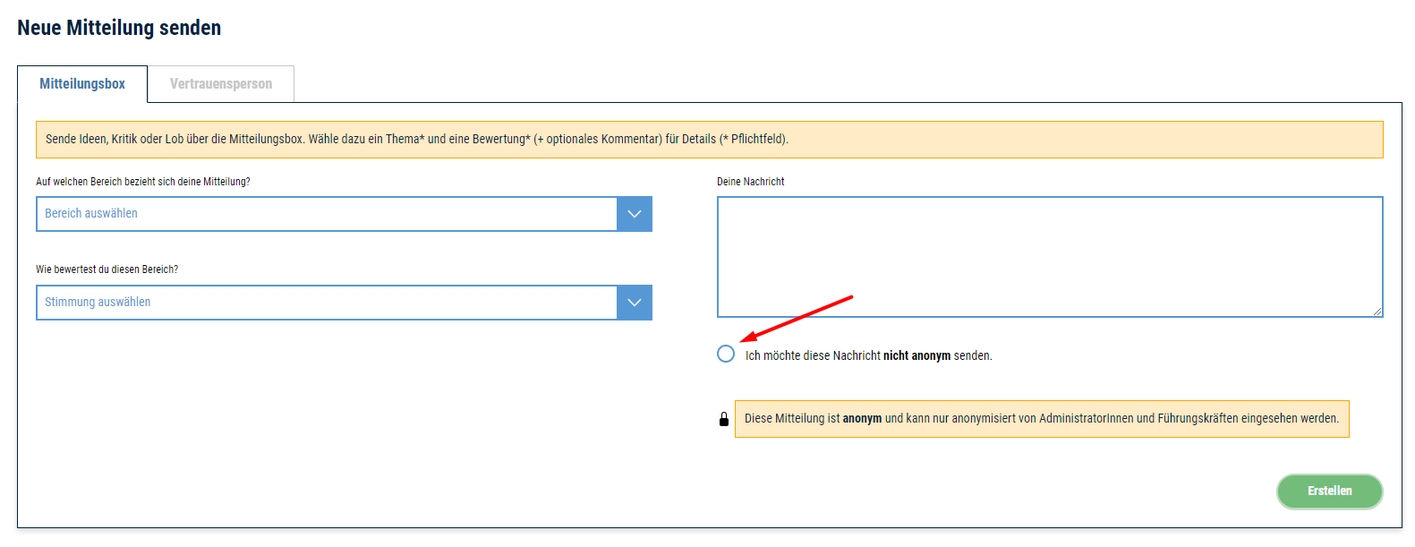 Screenshot der Mitteilungsbox