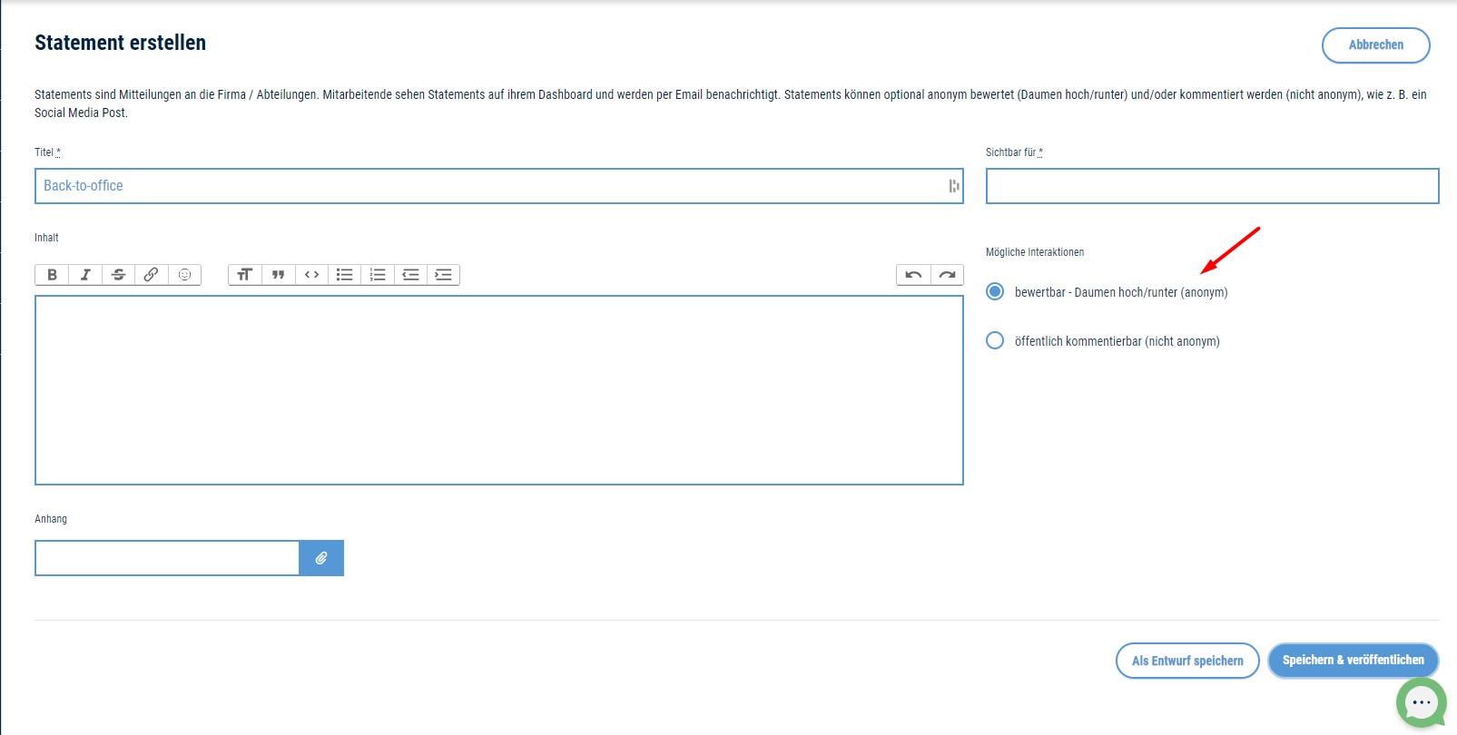Screenshot möglicher Interaktionen bei Statements