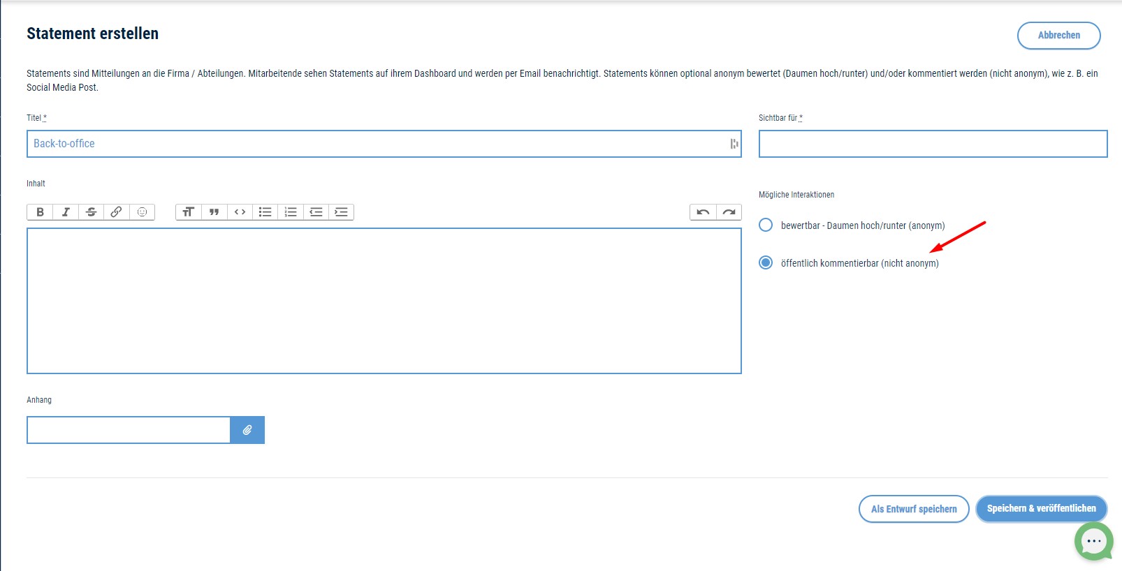 Screenshot: Statement erstellen - öffentlich kommentierbar