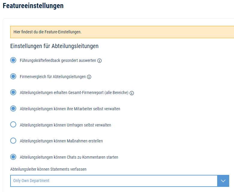 Screenshot Einstellungen für Abteilungsleitungen