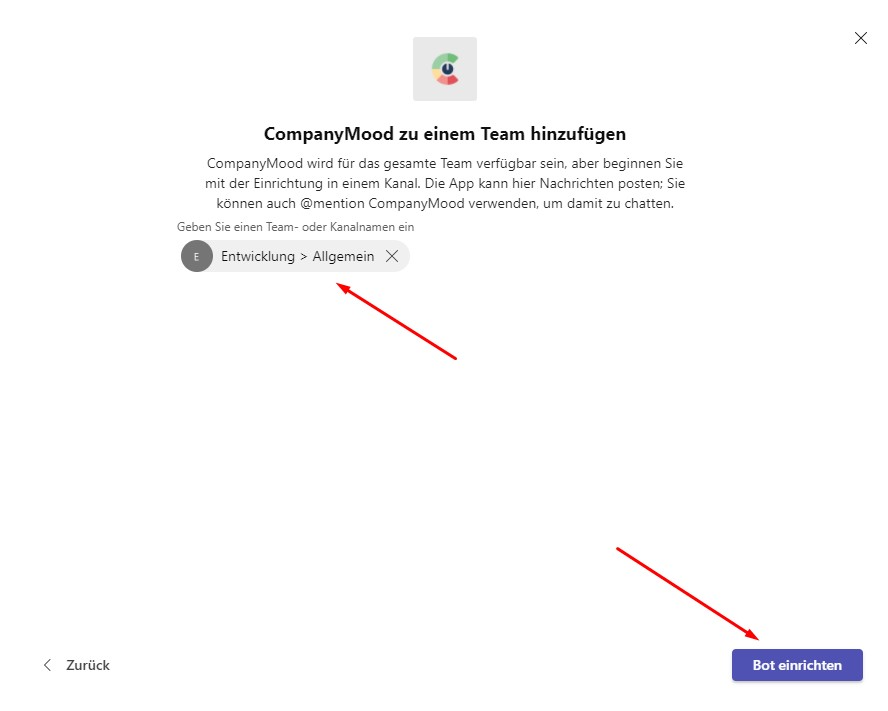 Screenshot CompanyMood zu einem Team hinzufügen - Bot einrichten