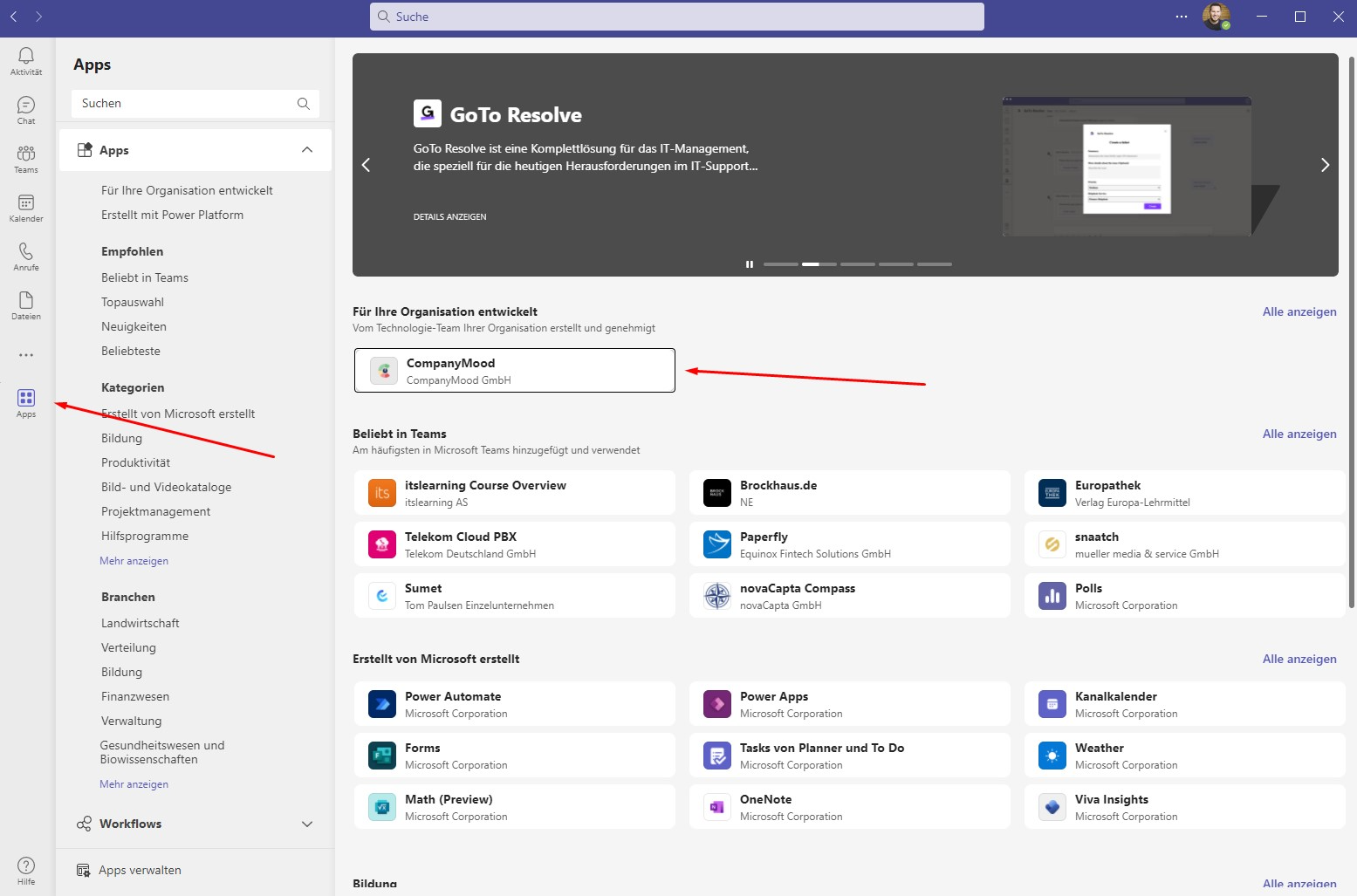 Screenshot Apps in MS Teams - CompanyMood auswählen