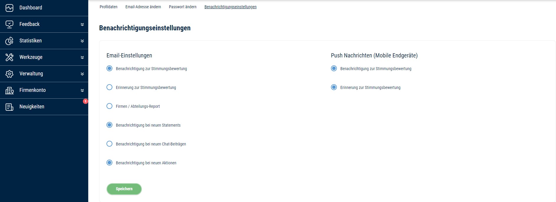 Screenshot der Benachrichtigungseinstellungen im persönlichen Profil
