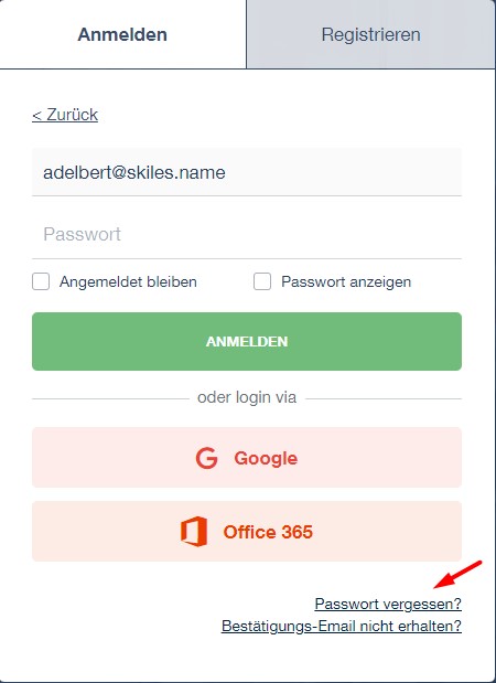 Screenshot Anmeldemaske - Passwort vergessen